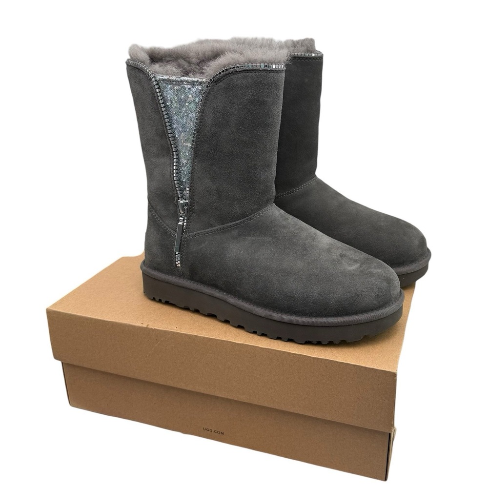 UGG Classic Gray Faux Zipper Sequin Boot USA Size 8 New In Box Read